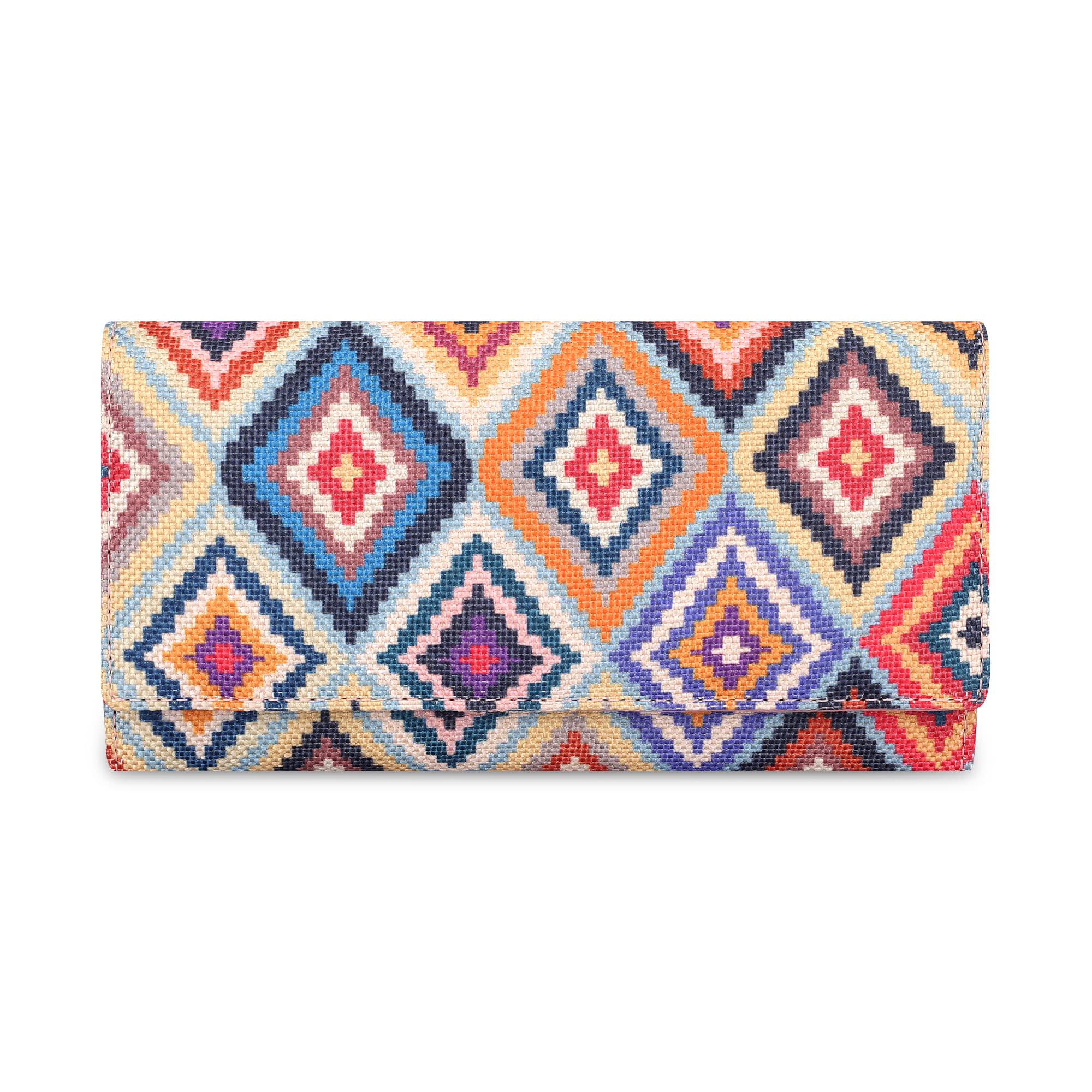 Charisma Collection Printed Handicraft Fabric & Faux Leather Womens Wallet Clutch Ladies Purse with Multiple Card Slots (Multicolour-Diamond Design)-image-46