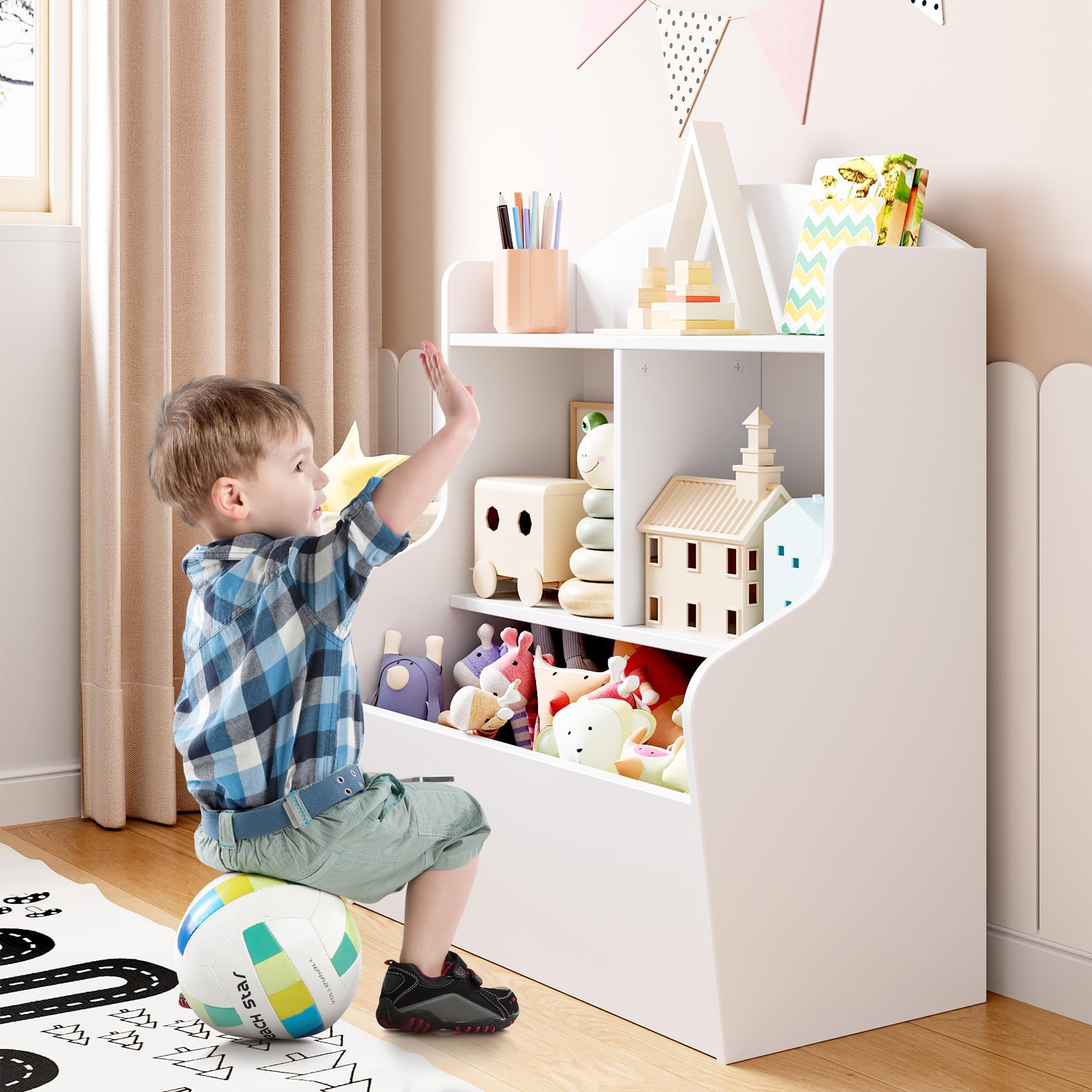 Aptition 3-Tier Toy Storage Cabinet with Cubbies, Multi-Shelf Bookcase and Organizer, Open Storage for Toys, Books, Playroom, Bedroom, Hallway, and School