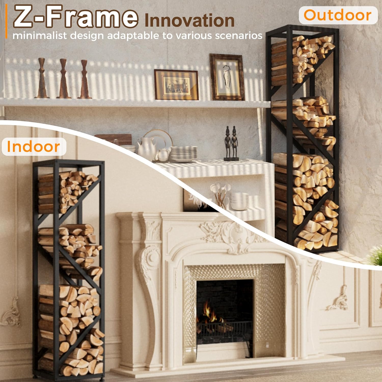 Firewood Rack Indoor 47 Inch Tall, 4-Tier Heavy-Duty Firewood Holder for Fireplace with Minimalist Style, Decorative Log Rack, Flexible Storage, Space-Saving, Easy Assembly, Black