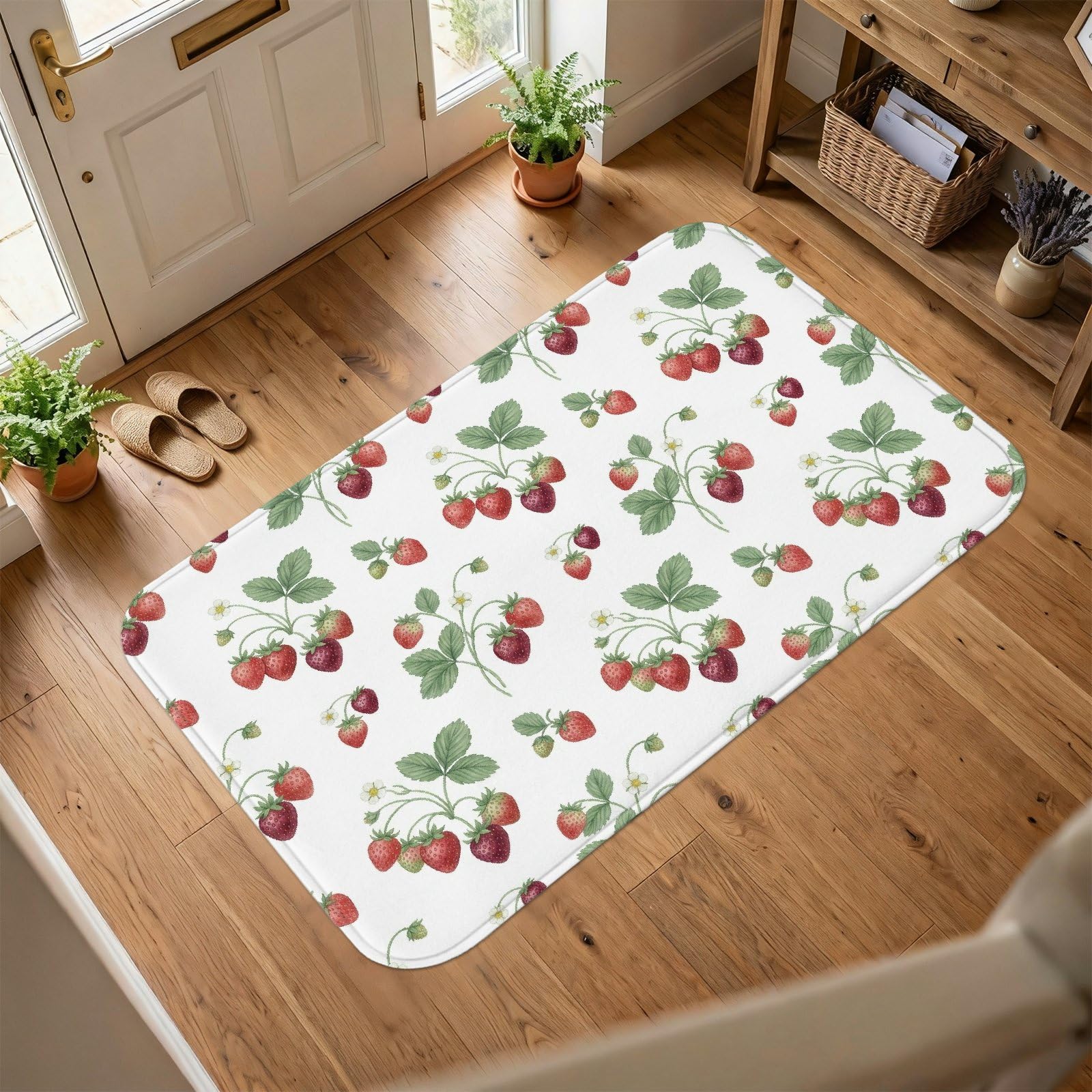 Tapis de sol fraise esthétique et résistant aux motifs botaniques d'été