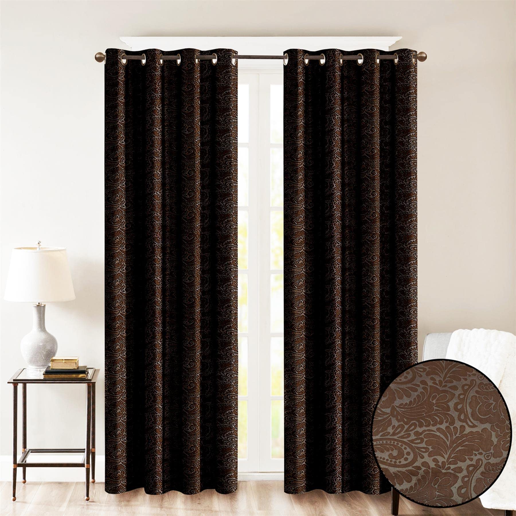 Roseley Embossed Eyelet Curtains Leafy Paisley Patterns Elegant Blackout Living Room Bedroom Dimout Window Treatment [Brown, 46" x 54"]