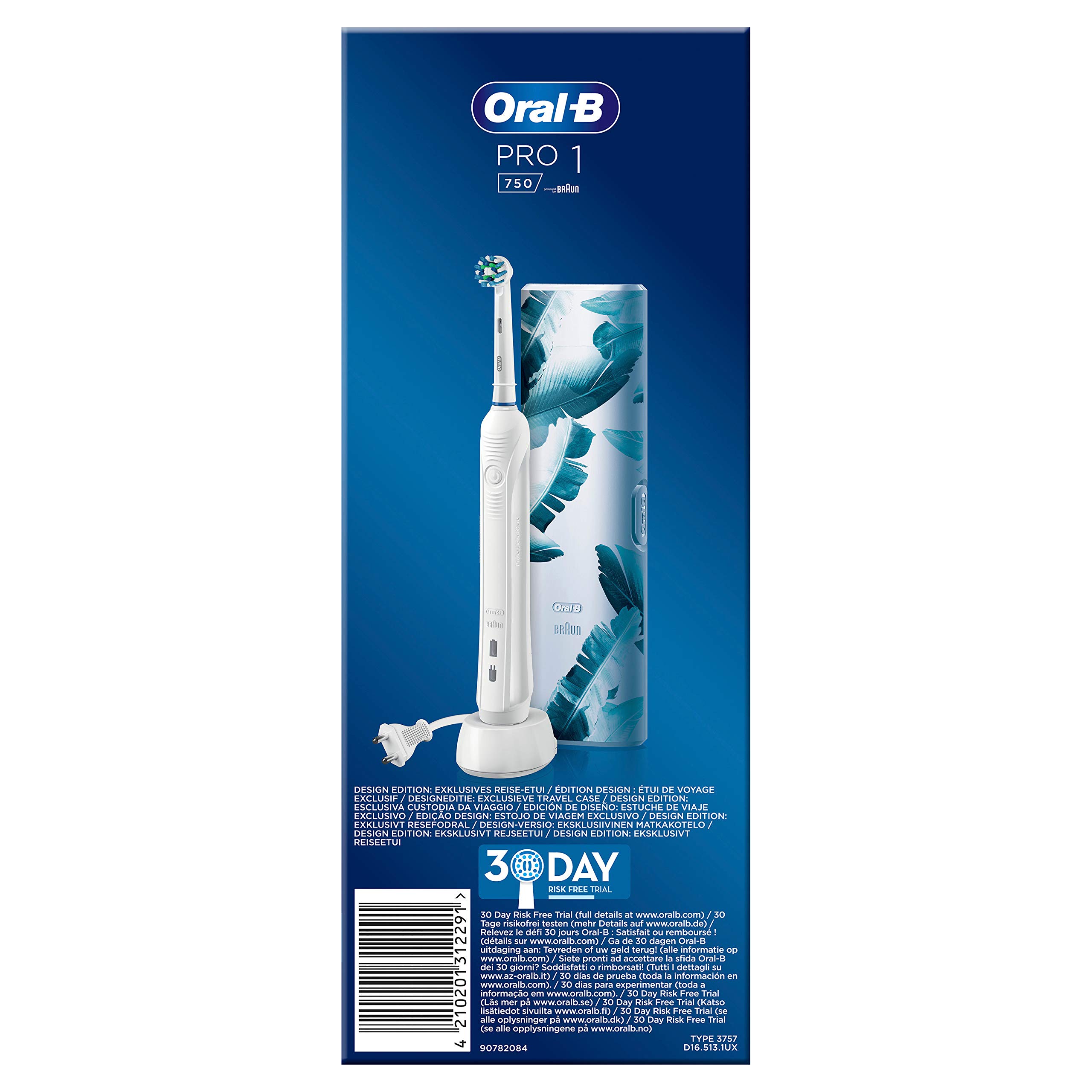 Oral-B Cepillo de dientes eléctrico Pro 1-750, con temporizador integrado, sensor de presión, 1 cabezal, batería de litio, funda de viaje, idea de regalo, diseño de edición especial, blanco
