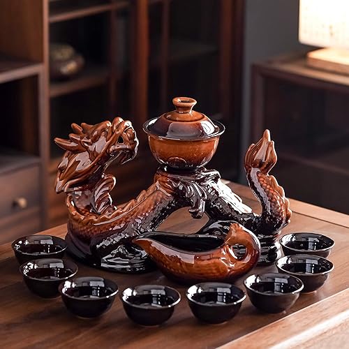 Miniatura 15 de Tetera de cerámica con infusor Juego de té semiautomático, tetera mágica con 8 tazas de color degradado (dragón degradado, C)