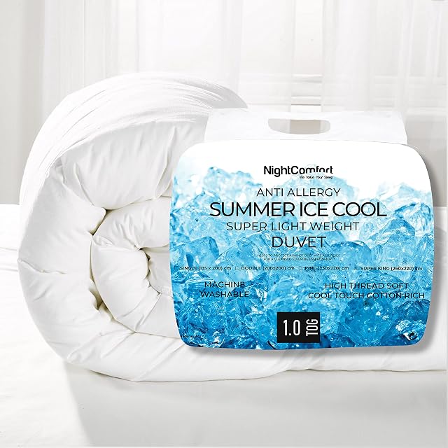 Night Comfort 1 Tog Anti Allergy Summer Ice Cool Duvet, Double - Super Lightweight Polycotton Blend Hotel Quality White Bedding Quilt