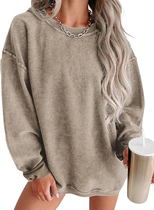 SHEWIN Women Oversized Sweatshirt Fall Pullover Top, Khaki, Size 2XL