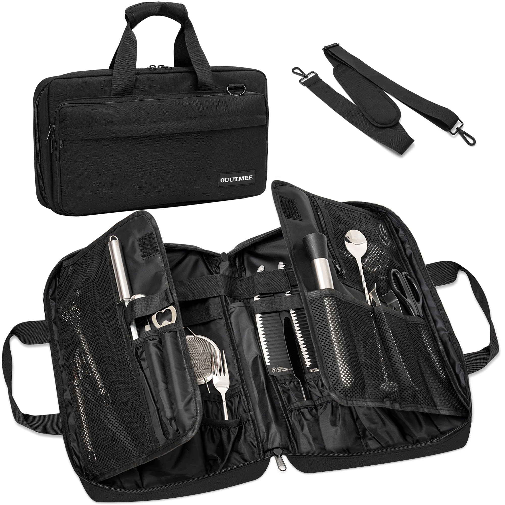 Trousse à Couteaux de Cuisine,16 Compartiments,40x25x6cm,S | Trousse Professionnelle à Couteaux ,Portative avec Poignée et Épaulette, Noir