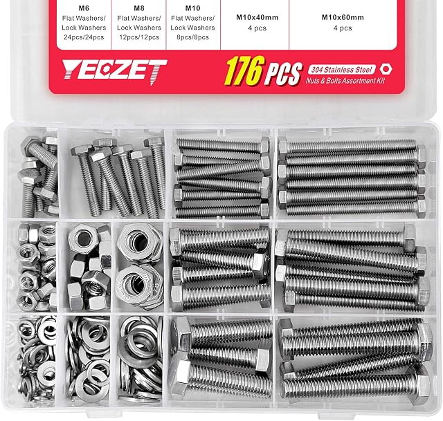 YEEZET 44 Pieces M6 M8 M10 304 Stainless Steel Hex Bolts, Washers, Spring Washers & Nuts Assortment Kit