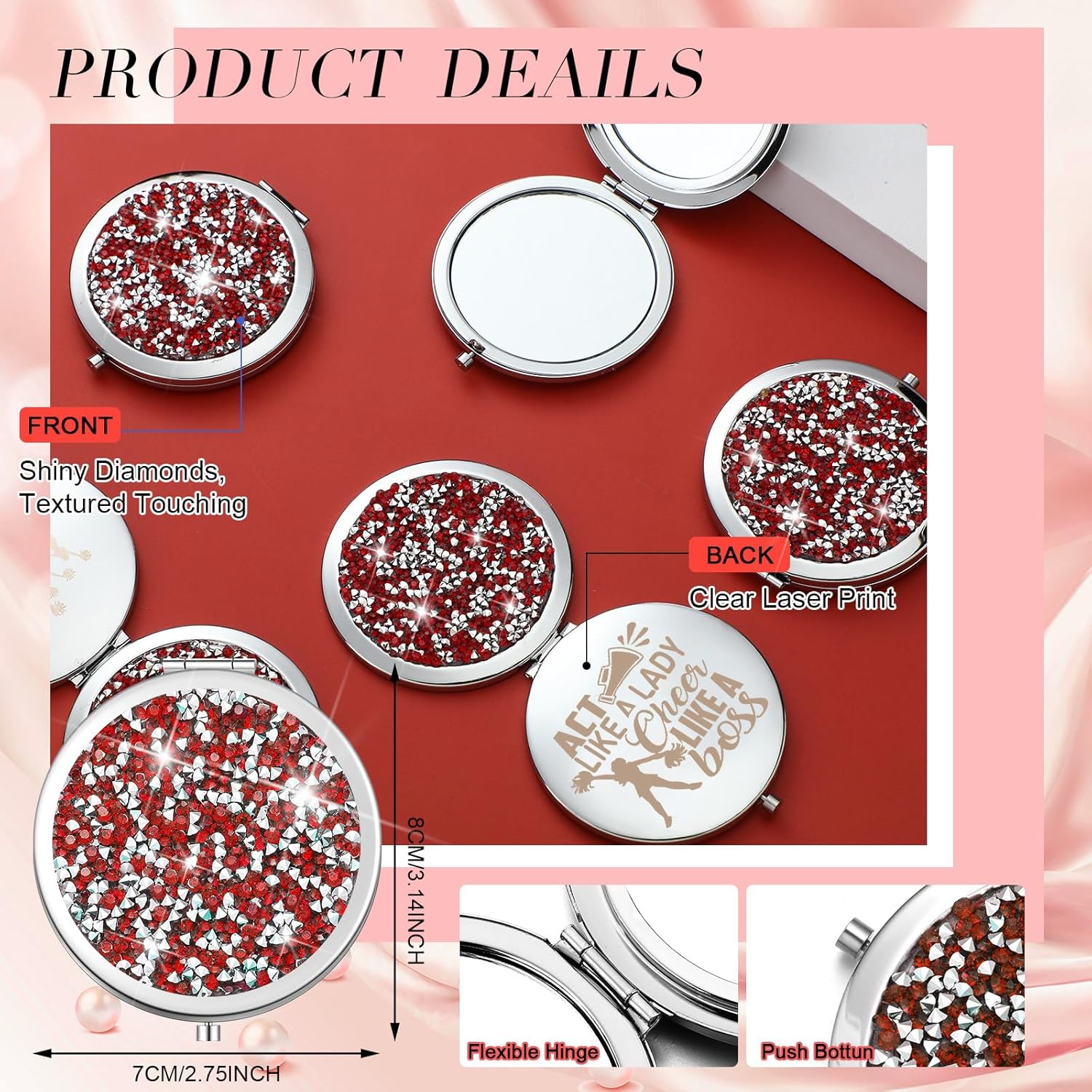 Sintuff 12 Pcs Cheer Gifts for Cheerleaders Compact Mirror Bulk for Cheer Team Coach Cheerleading Gifts Folding Pocket Cosmetic Purse Mirror Accessories(Red, Silver)