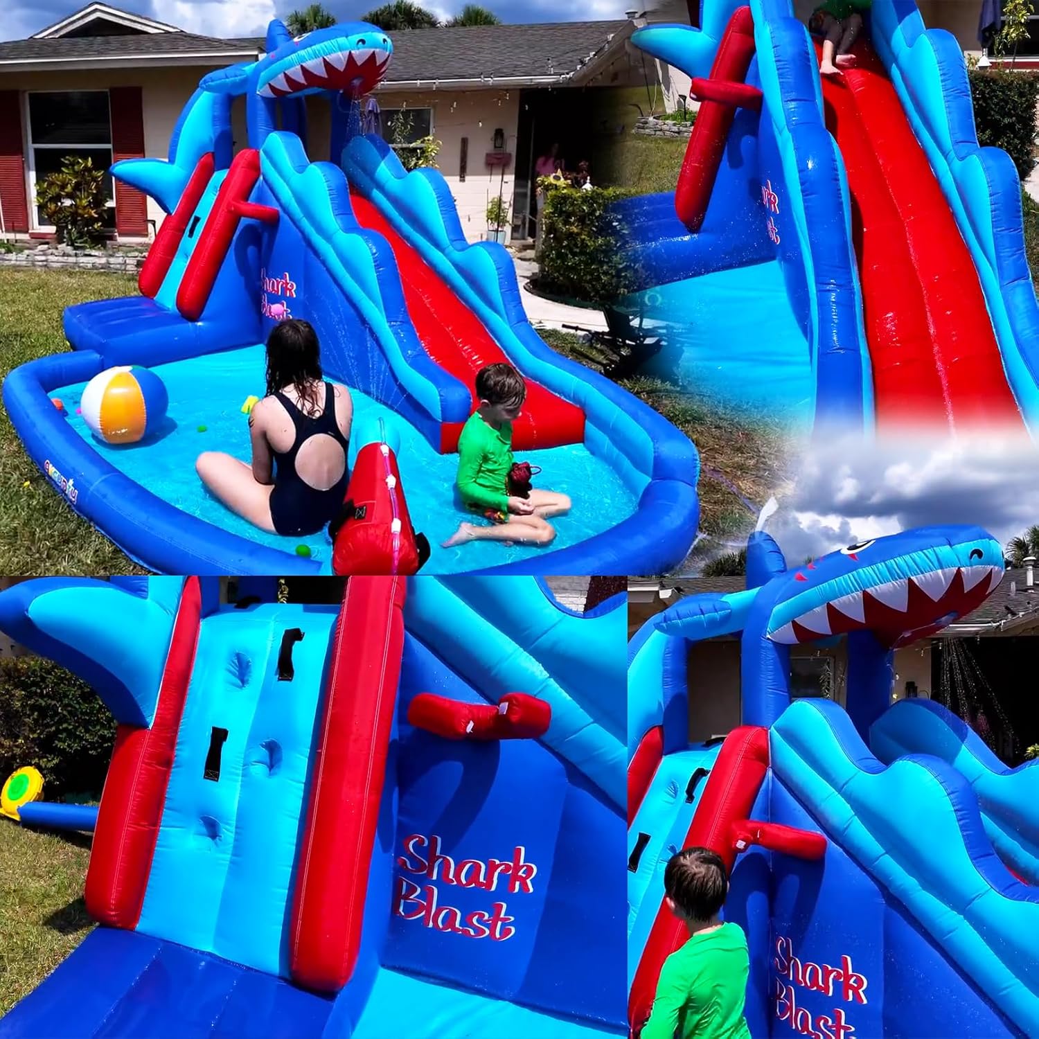 AKEYDIY Inflatable Water Slide,12.2x8.4x6.7FT Kids Water Bounce House with Long Slide,Splash Pool,Climbing Wall, Beach Ball&Water Cannon,Outdoor Backyard Shark Water Park for Kids,450W Blower Included