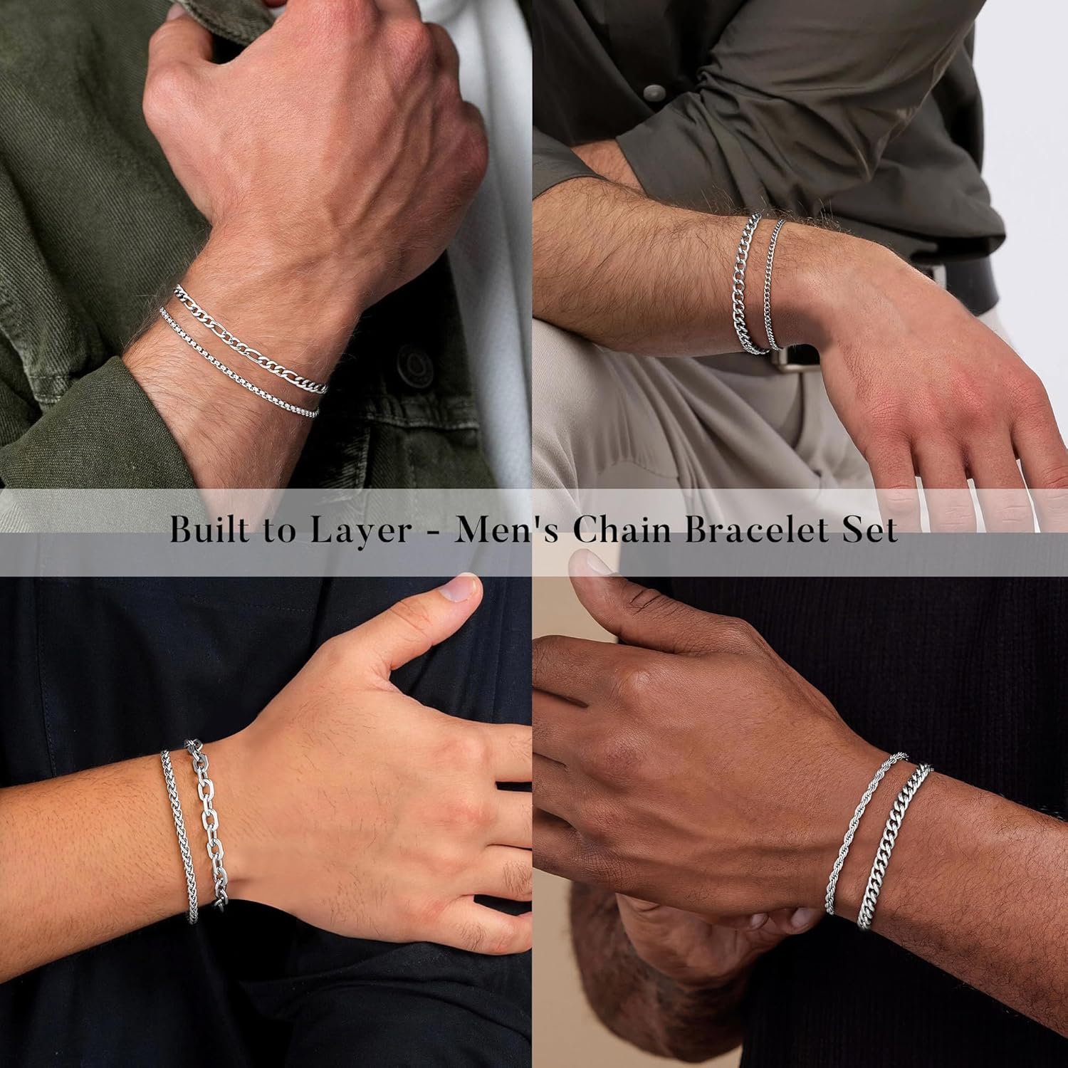 Yoosteel Silver Stackable Bracelets Set for Men Non Tarnish - Stainless Steel Bracelet Stack Rope Figaro Paperclip Cuban Link Chain Bracelets Sets for Men Jewelry Gifts 7.5/8.3/9.0 Inches - Image 4