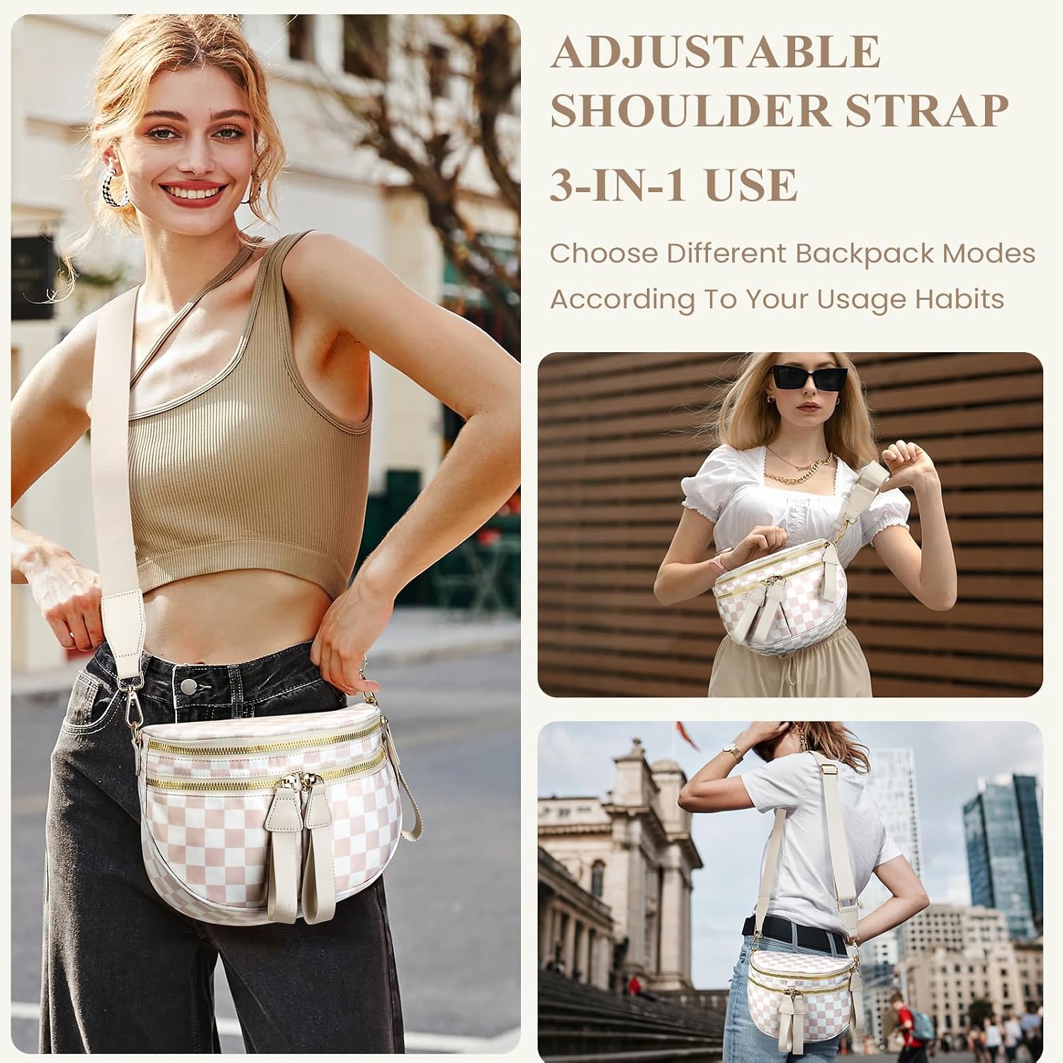 Bum Bag Checkered Crossbody Bags for Women Nylon Double Pockets Checkerboard Fanny Pack Fashion Sling Bag