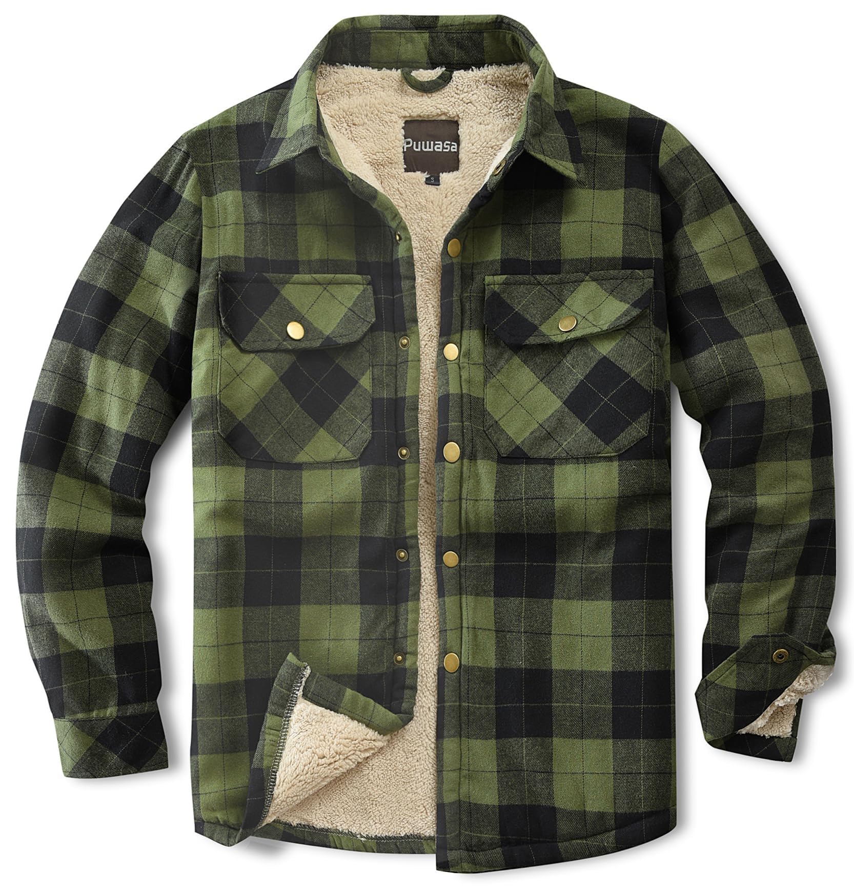 Men's Sherpa Cotton Flannel Shirt Jacket Plaid Button Coat Pocket