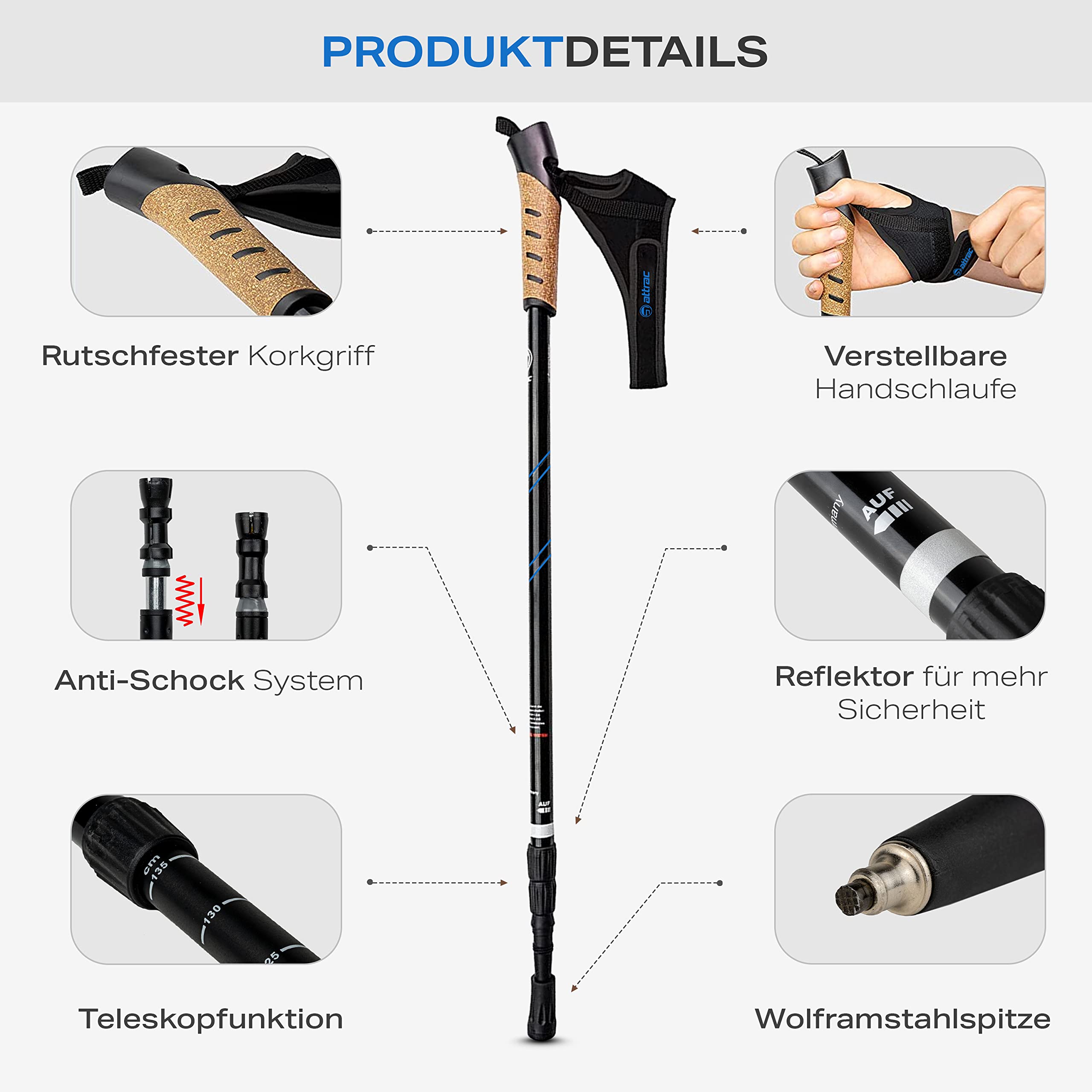 Bâtons De Marche Nordique ATTRAC Click & Go – Réglables 69–136 Cm, Amorti Anti-choc, Aluminium Léger (350 G), Avec Application Sport