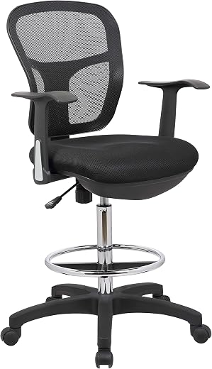 Office Factor Drafting Chair with Foot Ring, Mesh Back Drafting Clerk Stool, Adjustable Height, Removable Arms Swivel Chai...