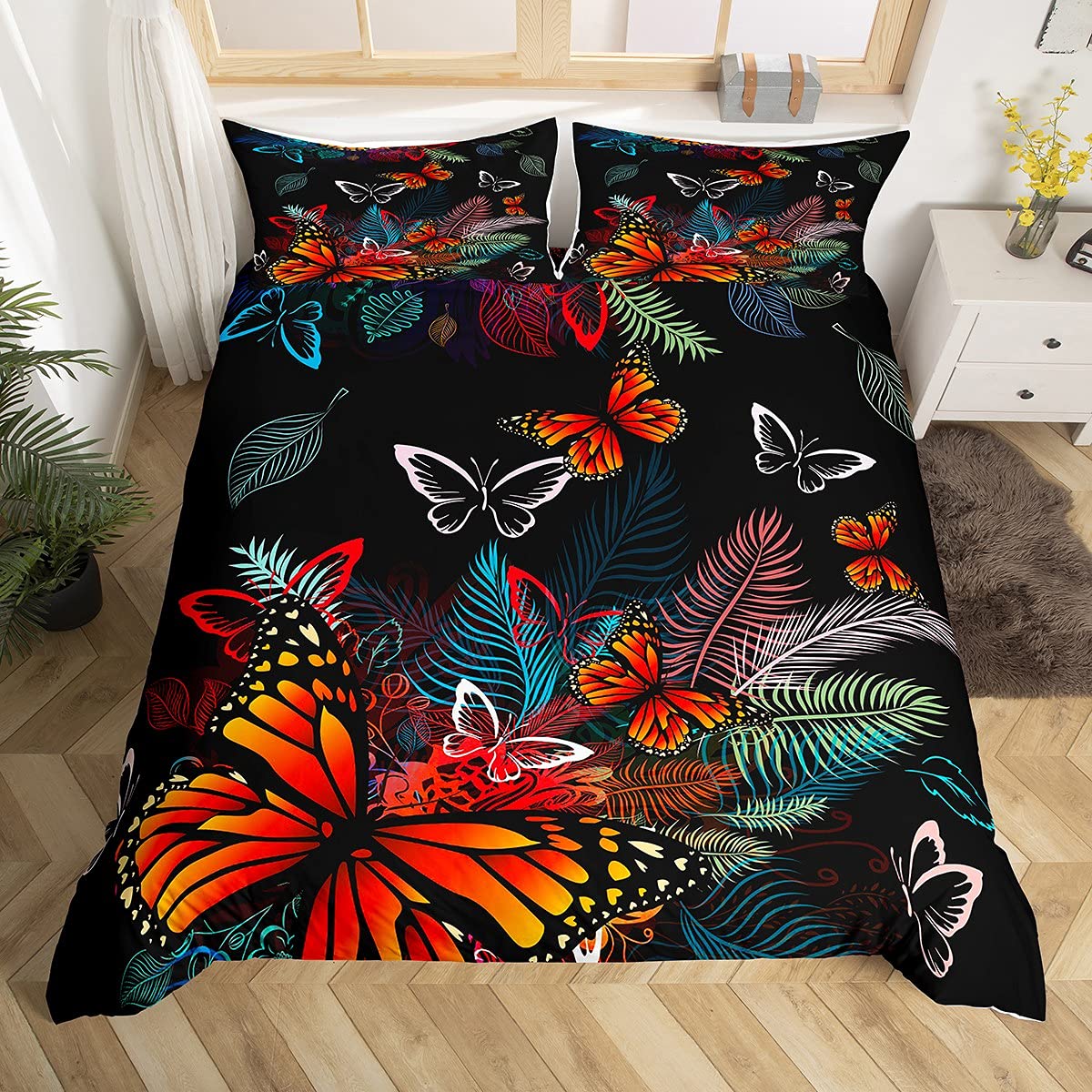 Homewish Butterflies Duvet Cover Dreamy Orange Butterfly Bedding Set King Size Aesthetic Leaf Comforter Cover Natural Plant Quilt Cover For Kids Teens Girly Animal Rural Pastoral Style Bedroom Decor — image 1