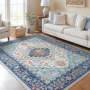 Lofus 6x9 Area Rugs for Living Room, Washable Area Rug, Rugs for Bedroom, Kitchen, Vintage Boho Carpet, Soft Non-Slip, Low Pile Large Area Rug for Office Dining Room, Floral Blue