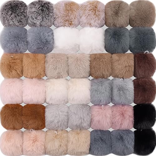 Miniatura 8 de BQTQ 40 pompones de piel sintética con lazo elástico, pompones esponjosos de piel sintética de conejo para sombreros, gorros, zapatos, bufandas,