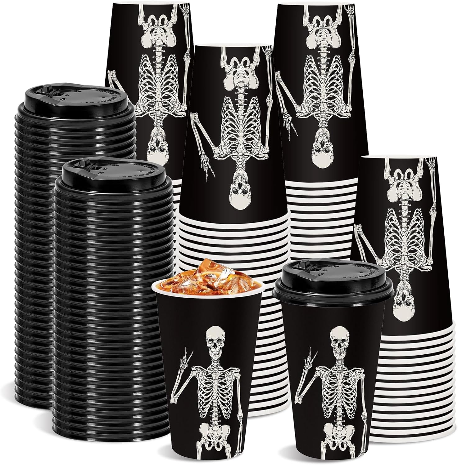 JarThenaAMCS 50Pcs Halloween Coffee Cups 16 Oz Smiling Skeleton Paper Cup with Lid Disposable Black Drinking Cups for Hot Cold Drink Party Supplies