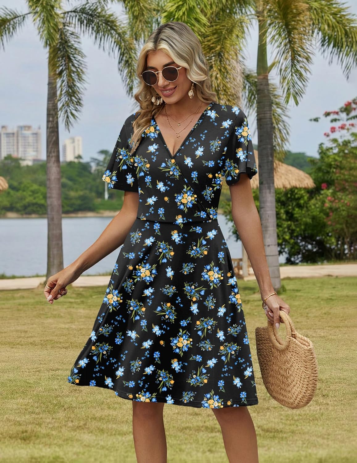 Zeagoo Womens Summer Sundress Ruffle Short Sleeve Casual Dresses V Neck Floral Wrap A-Line Party Dress with Pockets - Image 4