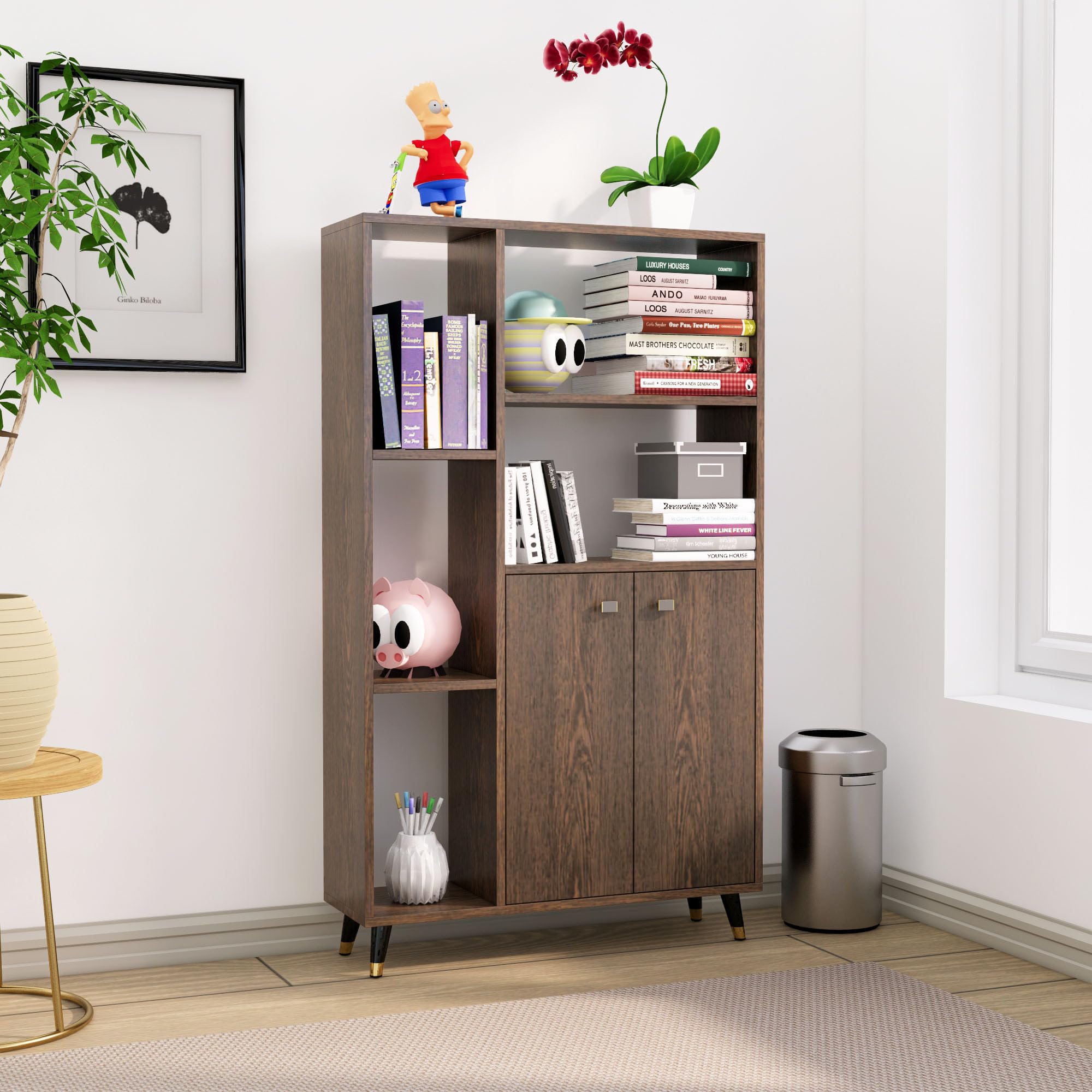 Bniture Bookshelf for Home with 2 Door & 5 Open Shelf | Engineered Wood Book Shelf for Home Display Rack | Multipurpose Bookcase Organizer for Living Room, Bedroom & Office | Flower Wenge-image-44