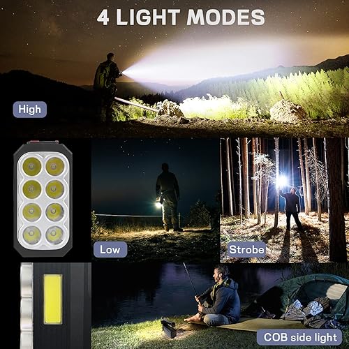 Miniatura 5 de Linterna solar recargable de mano de 8 LED con luz lateral COB, reflector de 3 modos de luz de alta luz, proyector portátil ligero impermeable para