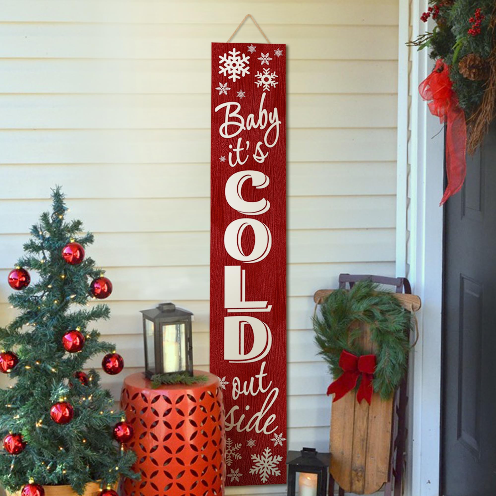 Christmas Welcome Sign For Front Porch Snowflake Red Wooden Vertical Welcome Sign Winter Baby It’s Cold Outside Yard Standing For Patio Front Door Porch Wall Yard Home Decor Indoor Outdoor 47.2" X 7.8