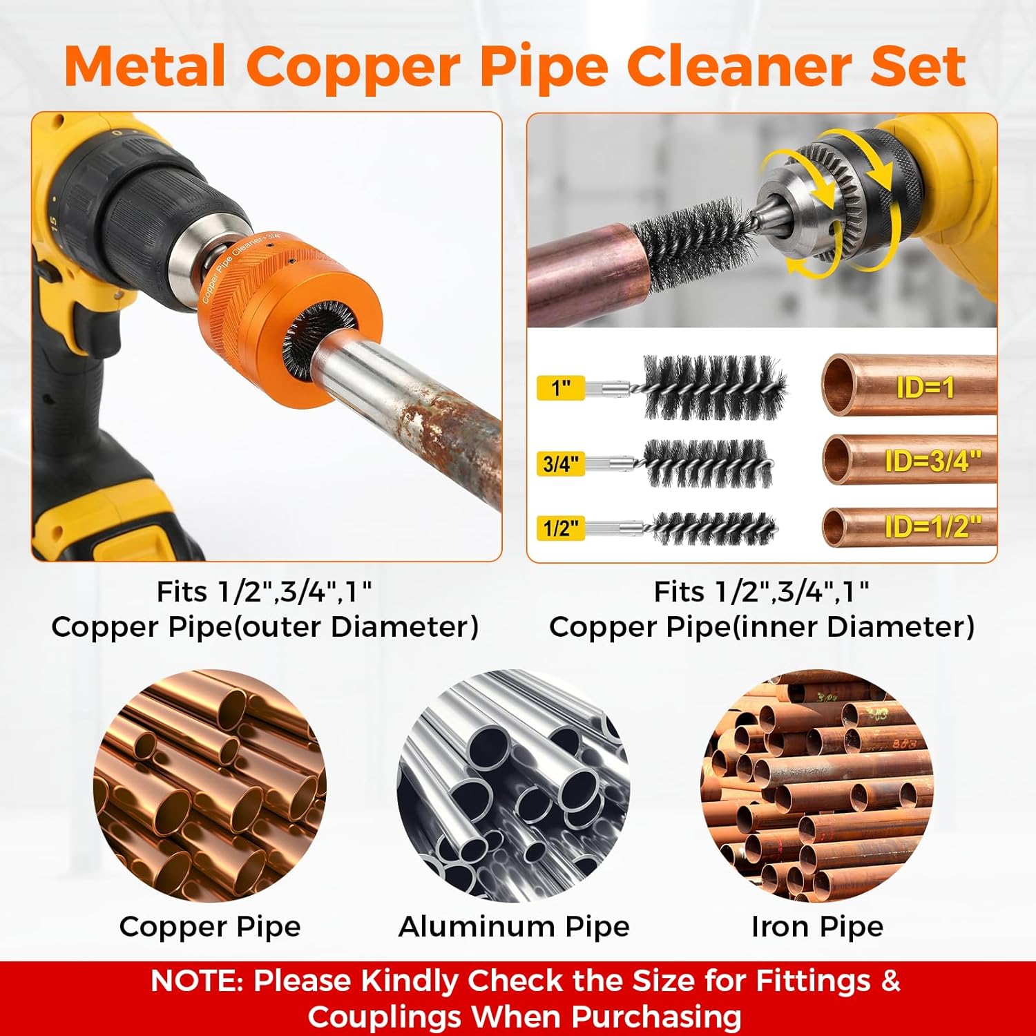 Copper Pipe Cleaner Set 1/2" & 3/4" & 1" External Metal Iron & Aluminum Pipes with 1/4 Hex Shank Pipe Cleaning Brushes & 6 Replaceable Blades 1 Rod Cleaning Brushes Kit for Rust Stains Paint