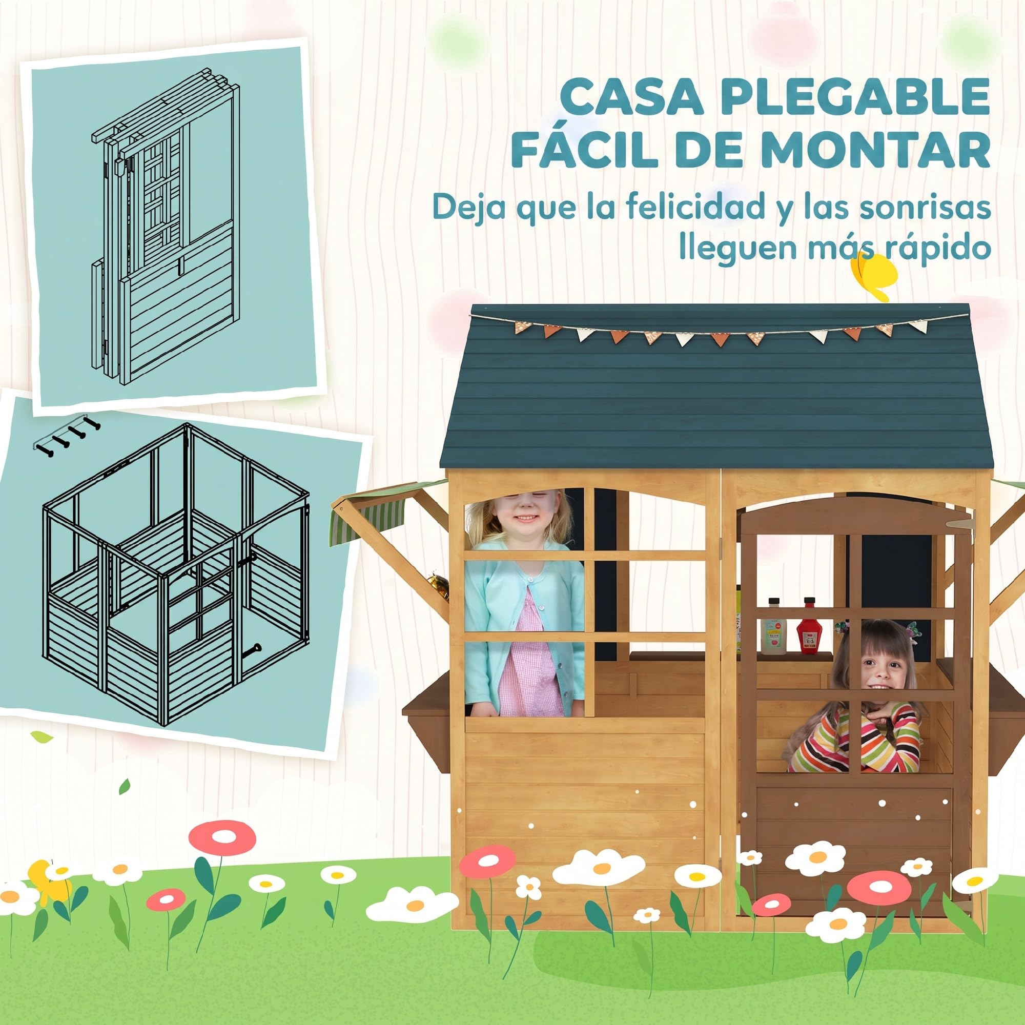 AIYAPLAY Casita Infantil Exterior de Madera Plegable Casa Jardín Infantil con 2 Pizarras Ventanas y Toldo Casita de Juegos para Niños a Partir de 3 Años Natural