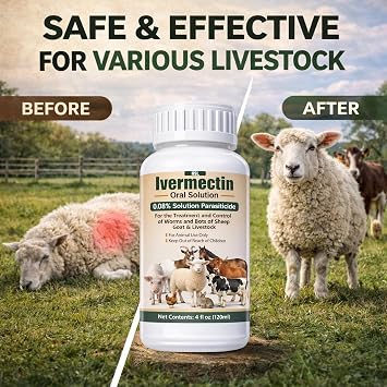 HSL Ivermectin 0.08% Liquid for Sheep, Goat, Poultry & More, Supports Gut Health, Immune & Digestive Support, All-Worm Formula for Tapeworms, Roundworms & Hookworms, Overall Vitality, 120ml