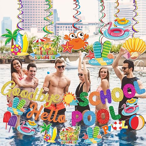 Miniatura 3 de Cartel de despedida de la escuela con texto en inglés Hello Pool para fiestas de verano, decoraciones de fiesta de fin de año, escuelas para