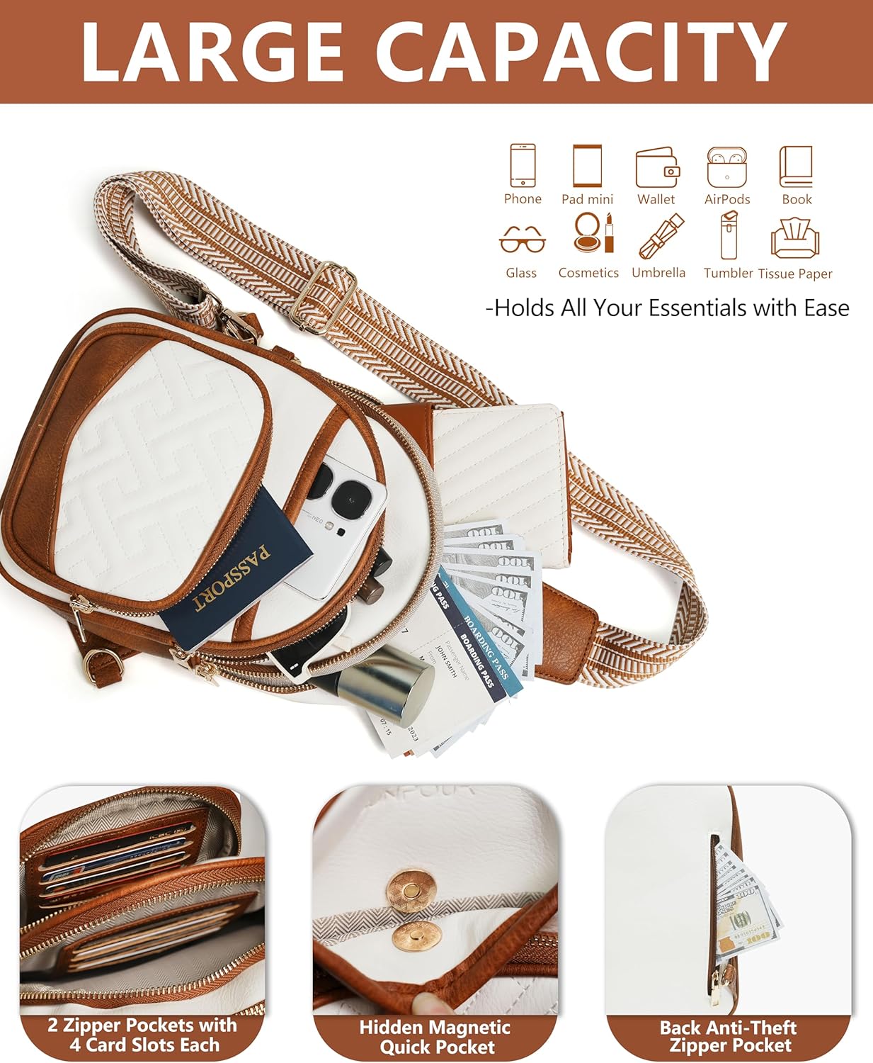 Anti Theft Crossbody Bags for Women, RFID Vegan Leather Sling Purse for Travel, Chest Bag, Cross Body Purses & Fanny Packs(Beige＆Brown) | Multi-Pocket, 8 RFID Card Slots, Structured bag, Quilted Design