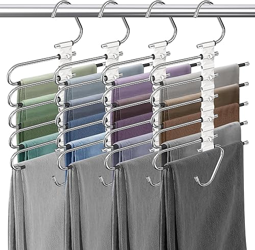 Vista 45 de Perchas para pantalones de 9 capas que ahorran espacio, paquete de 2 estantes multifuncionales de acero inoxidable organizador de armario