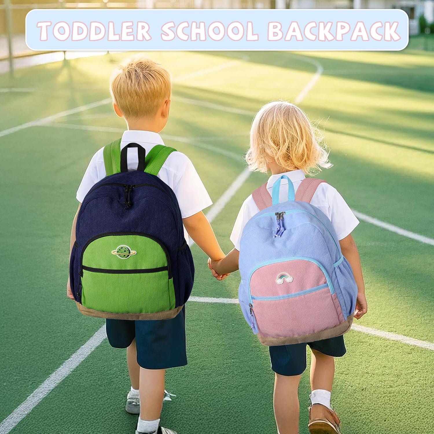 Kasqo Kids Corduroy Backpack, Lightweight Preschool & Primary School Bag for Boys & Girls 4-8 Years with Chest Buckle, 14.5" H, Fits A4 Folders Blue Pink - Image 7