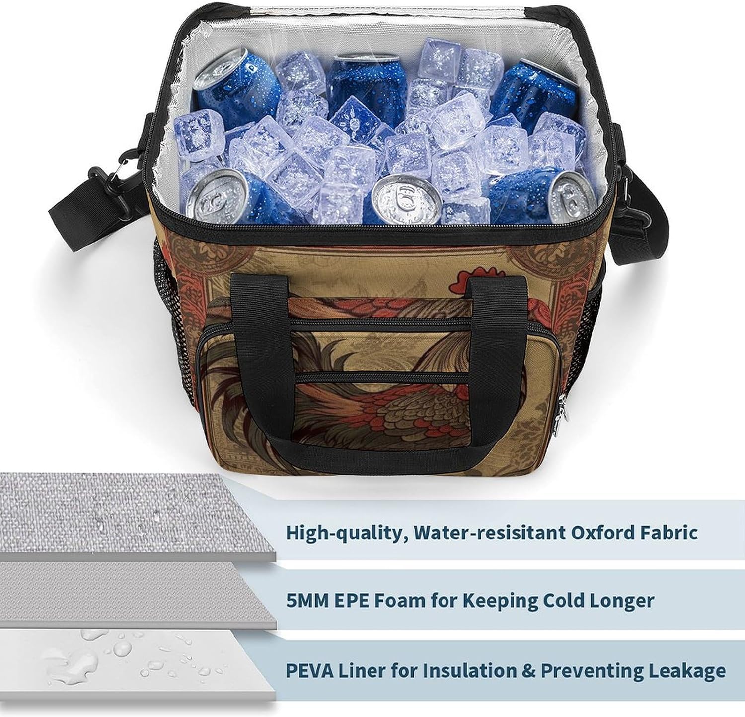 Large-Capacity Oxford Cloth Old Rooster Illustration Printed Camping Ice Bag, Outdoor Portable Insulation and Cold Storage Bag, Enjoy A Cool Camping Time