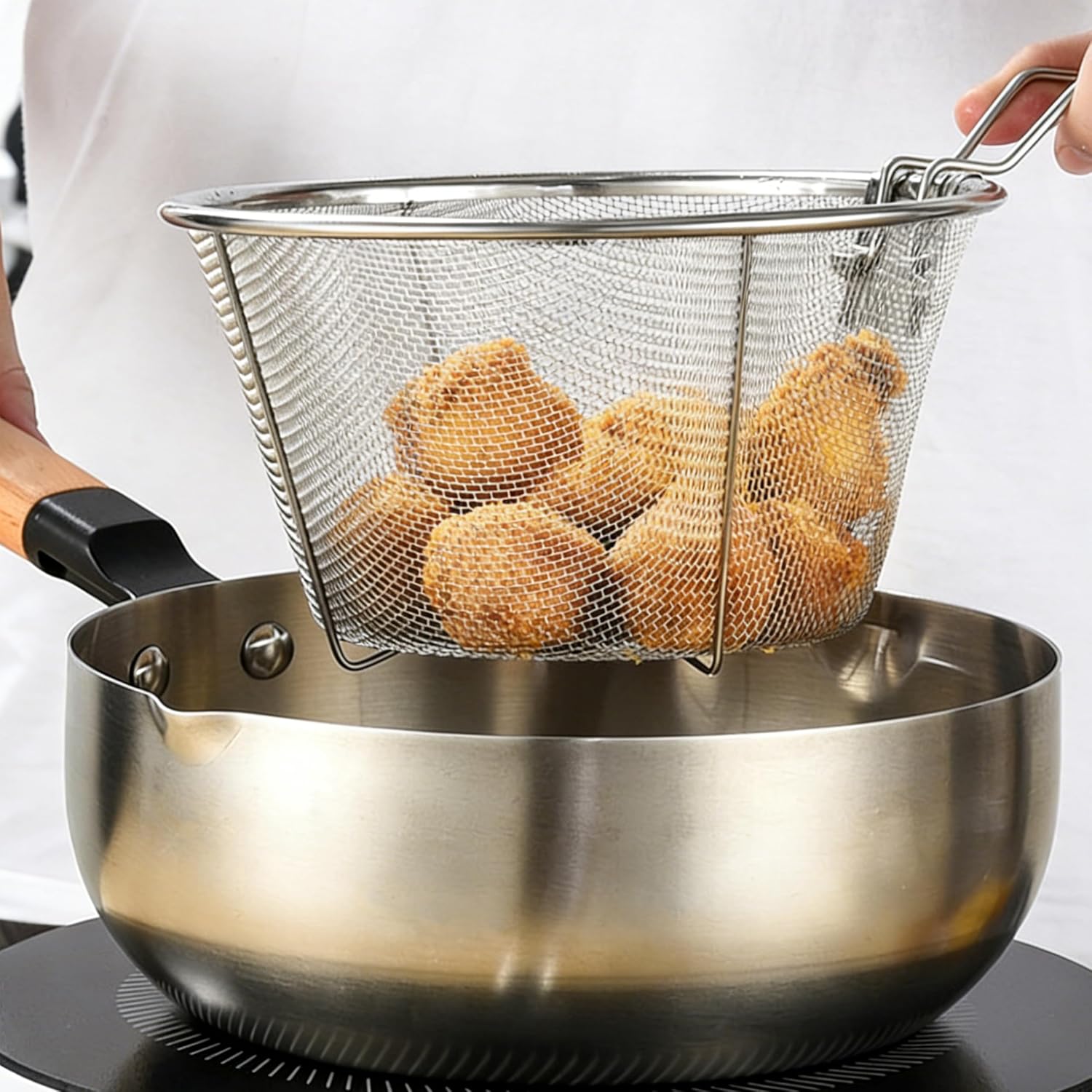 7 Inch Stainless Steel Fryer Basket | Replacement Accessory Round Wire Deep Fryer Basket with Foldable Handle - Durable & Easy Cleaning Frying Tool for Restaurants, Home Kitchens