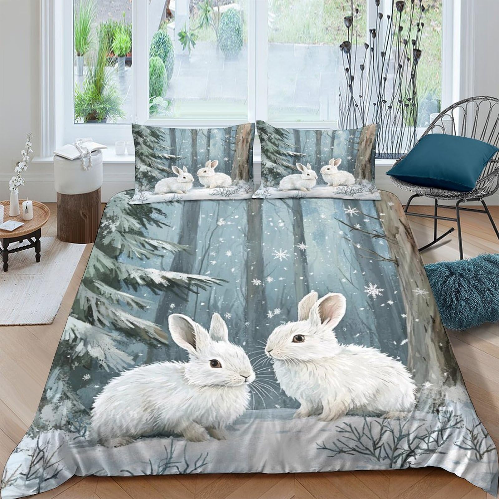 Ctjqhvkz Style-10 3D Printed Snow Forest Fitted Sheet Microfiber Soft Breathable White Rabbits Bed Cover For Bedroom Guest Room Decor Single（135X200cm）