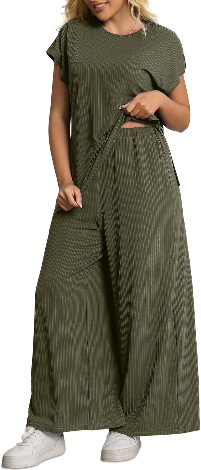 Women's 2 Piece Plus Size Lounge Set Summer Cap Sleeve Top Wide Leg Pants Matching Set Sweatsuits Outfits Tracksuit