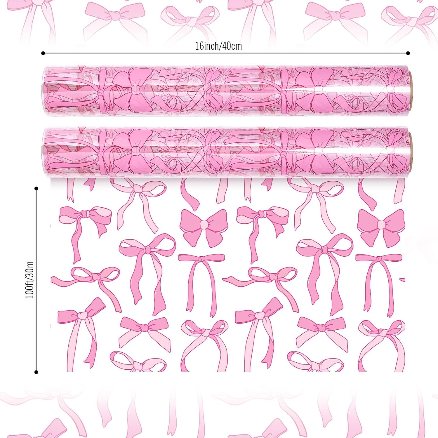 JarThenaAMCS Pink Bow Cellophane Wrap Roll 16" x 100 Ft Coquette Bow Knot Cellophane Paper Cello Wrapping Paper for Valentine's Day Wedding DIY Craft Party Favor