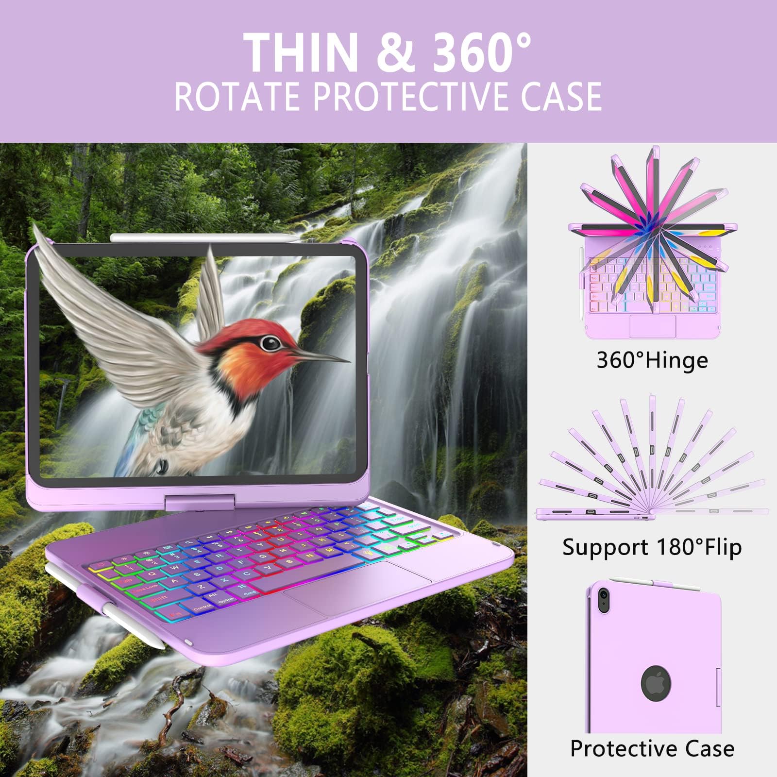 KARFUN Clavier pour iPad 10/11 Ème Generation (10,9" 2022/11" A16 2025), Housse de Protection Rotative à 360° avec Porte-Stylet, étui avec Clavier Trackpad Rétro-éclairé (Violet Clair)