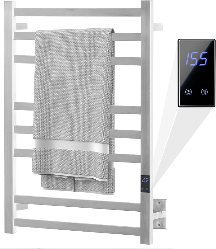 8-Bar Towel Warmer Rack, Brushed Stainless Steel | Brushed 304 stainless steel, 115-155°F temp control, 1-24H auto shut-off timer, plug-in or hardwired install