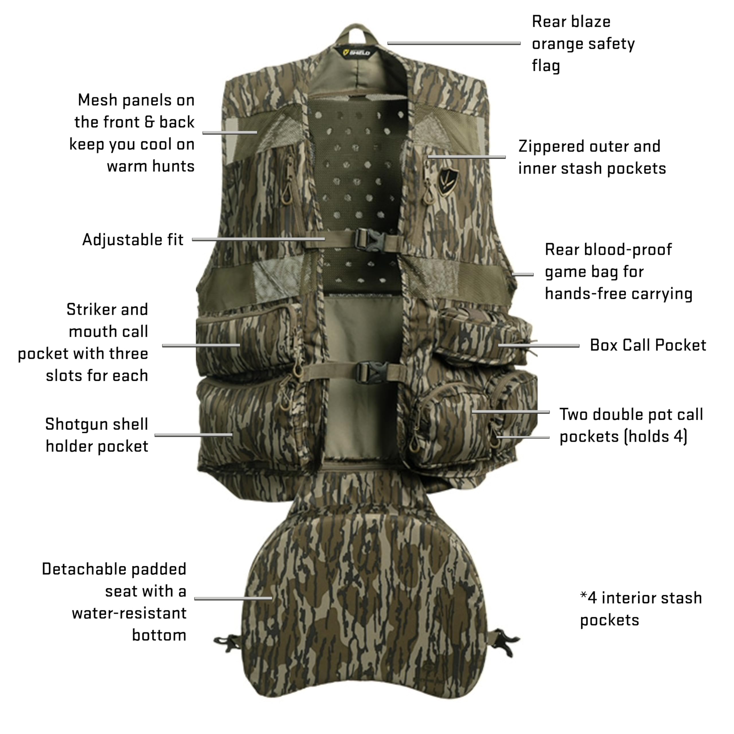 BLOCKER OUTDOORS Finisher Pro II Turkey Vest with Detachable Seat Cushion (MO Bottomland Original, MD/LG)