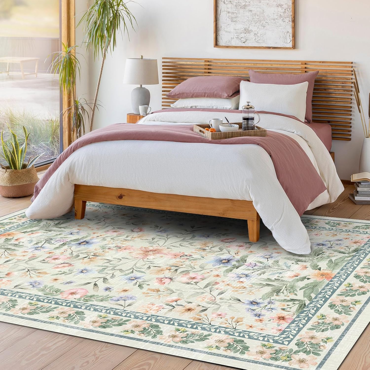 Washable Floral Area Rug 5'×7' Beige Green Pink Boho Large Living Room Rug Non-Slip Soft Colorful Oriental Vintage Bedroom Carpet Dining Room Nursery Home Office Indoor Decor