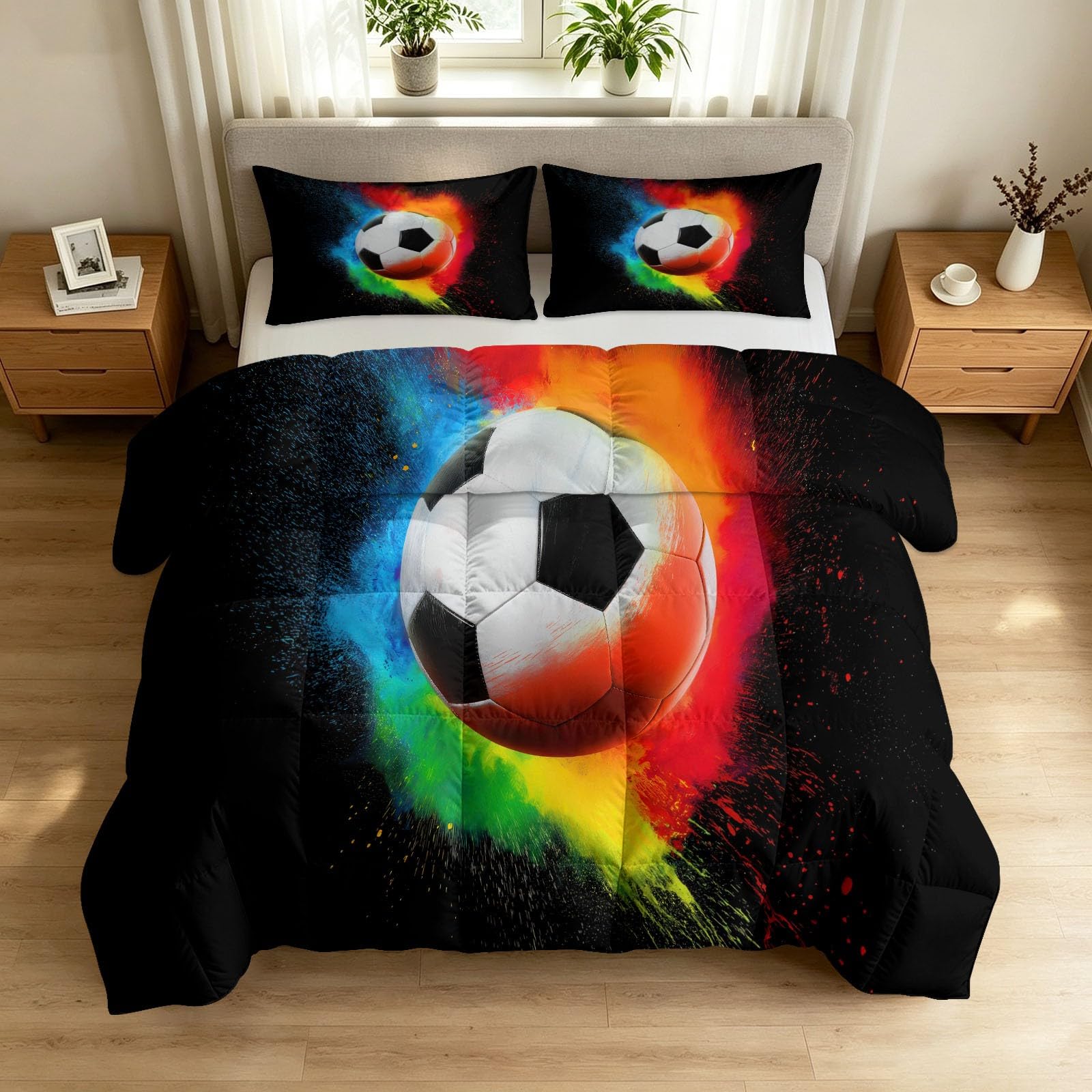 Edredón de fútbol moderno negro 155x220 para cama individual 4 estaciones