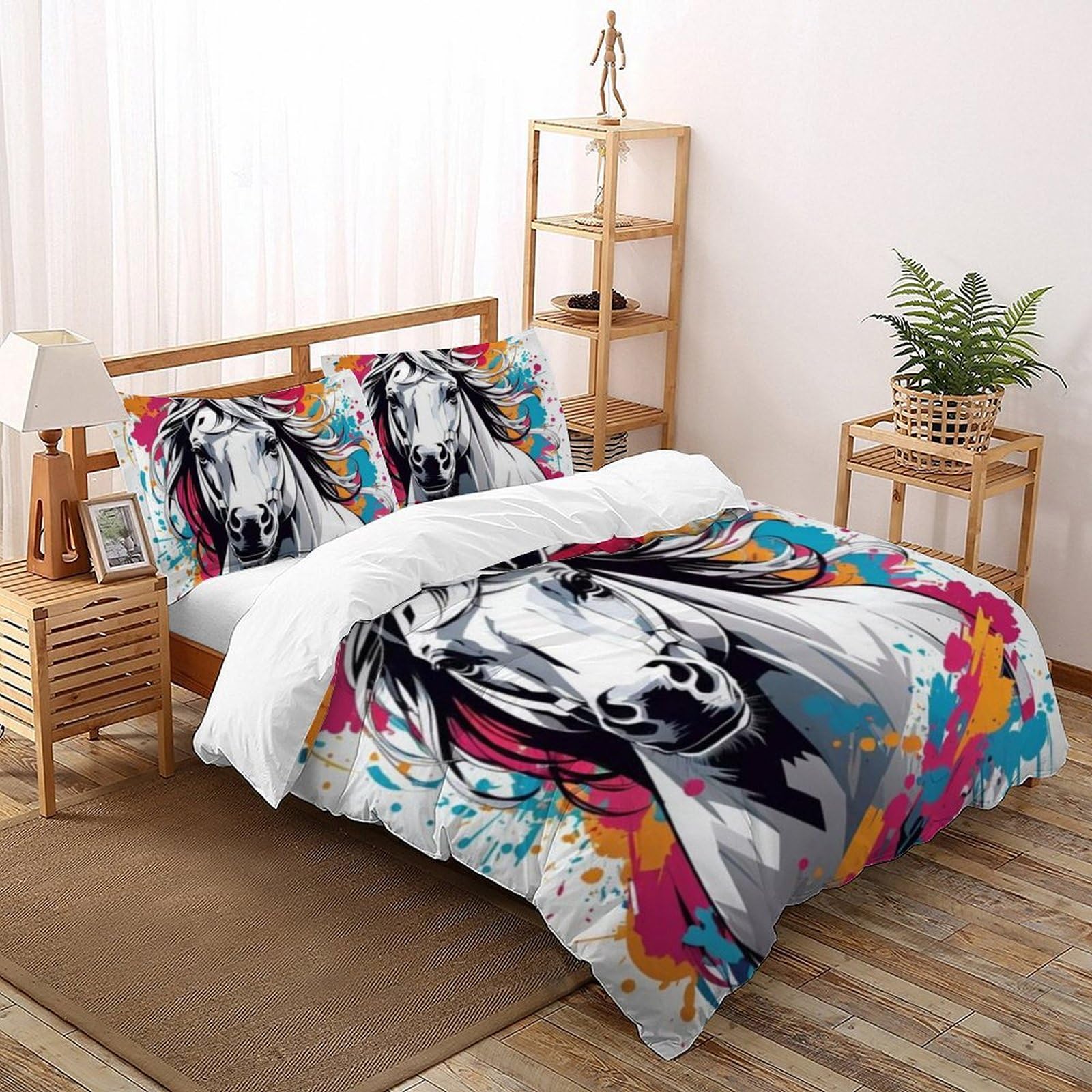 Housse de couette poney imprimé 3D couleur parure de lit microfibre 200x200cm avec 2 taies
