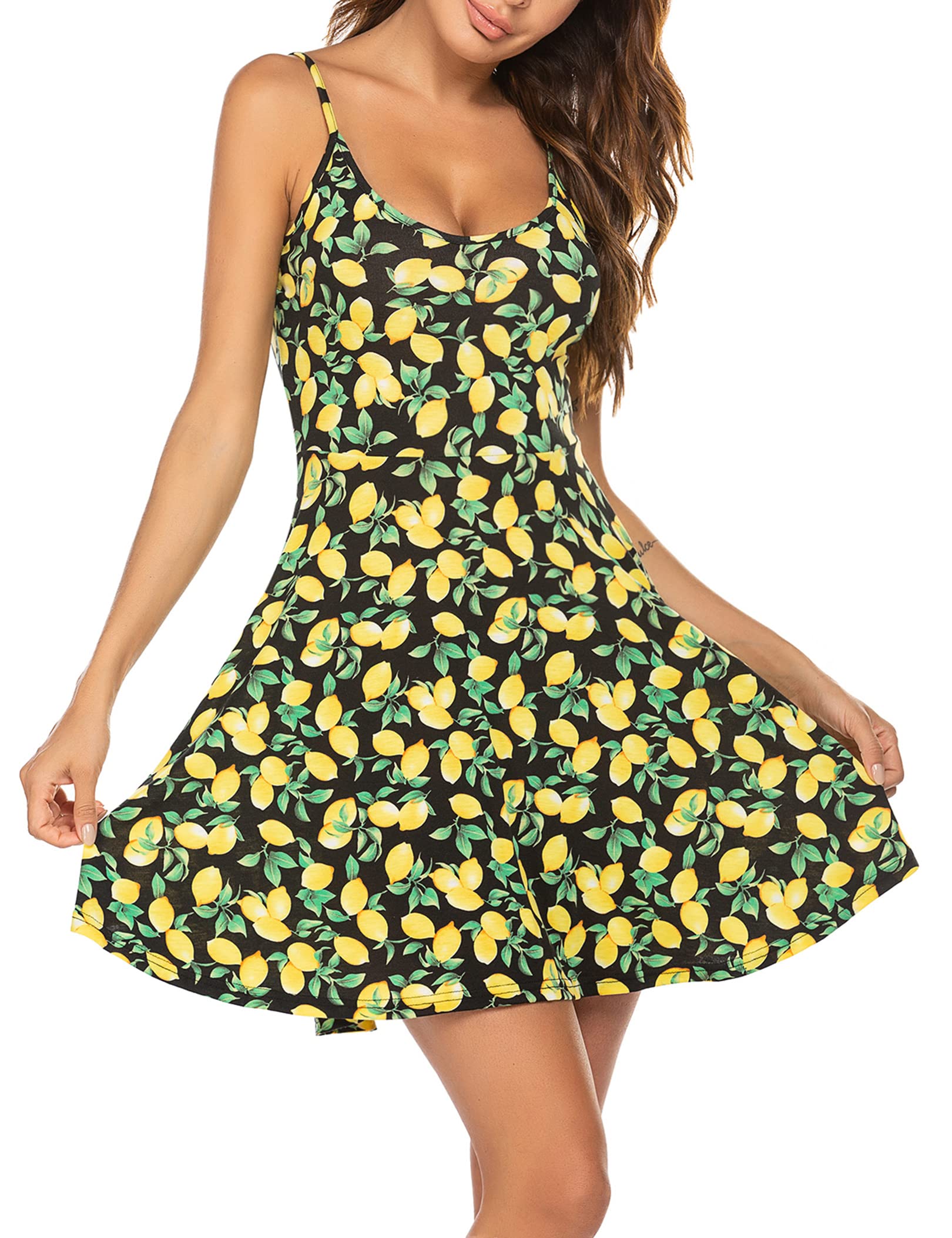 UNibelle Sommerkleid Damen Kurz Trägerkleid Blumenmuster Kleid V-Ausschnitt Strandkleid Verstellbaren Spaghettiträger Rüschen Kleider XS-XXL