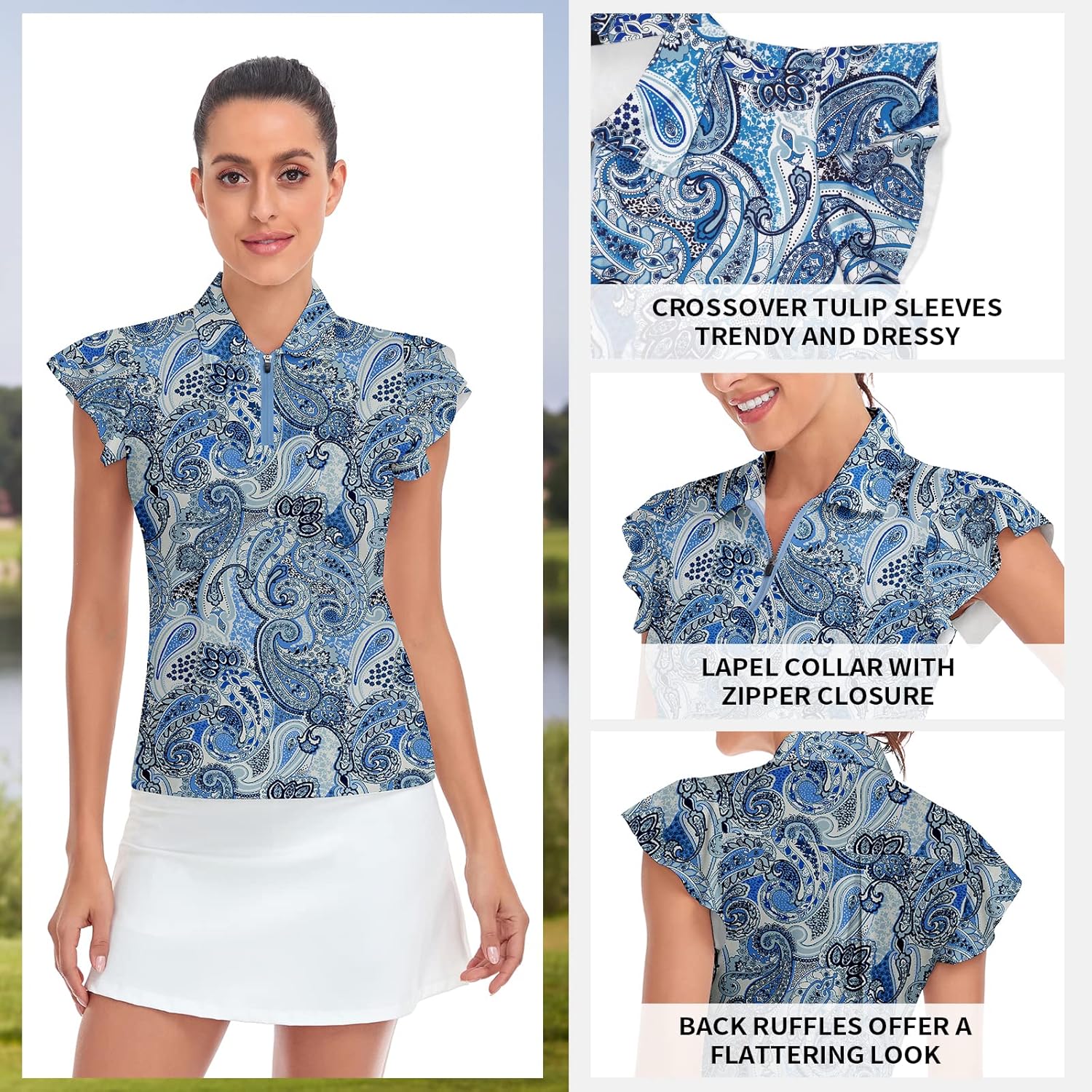 Soneven Womens Petal Sleeve Golf Shirts Moisture Wicking Lady Golf Apparel Print Tennis Sport T Shirt - Image 3