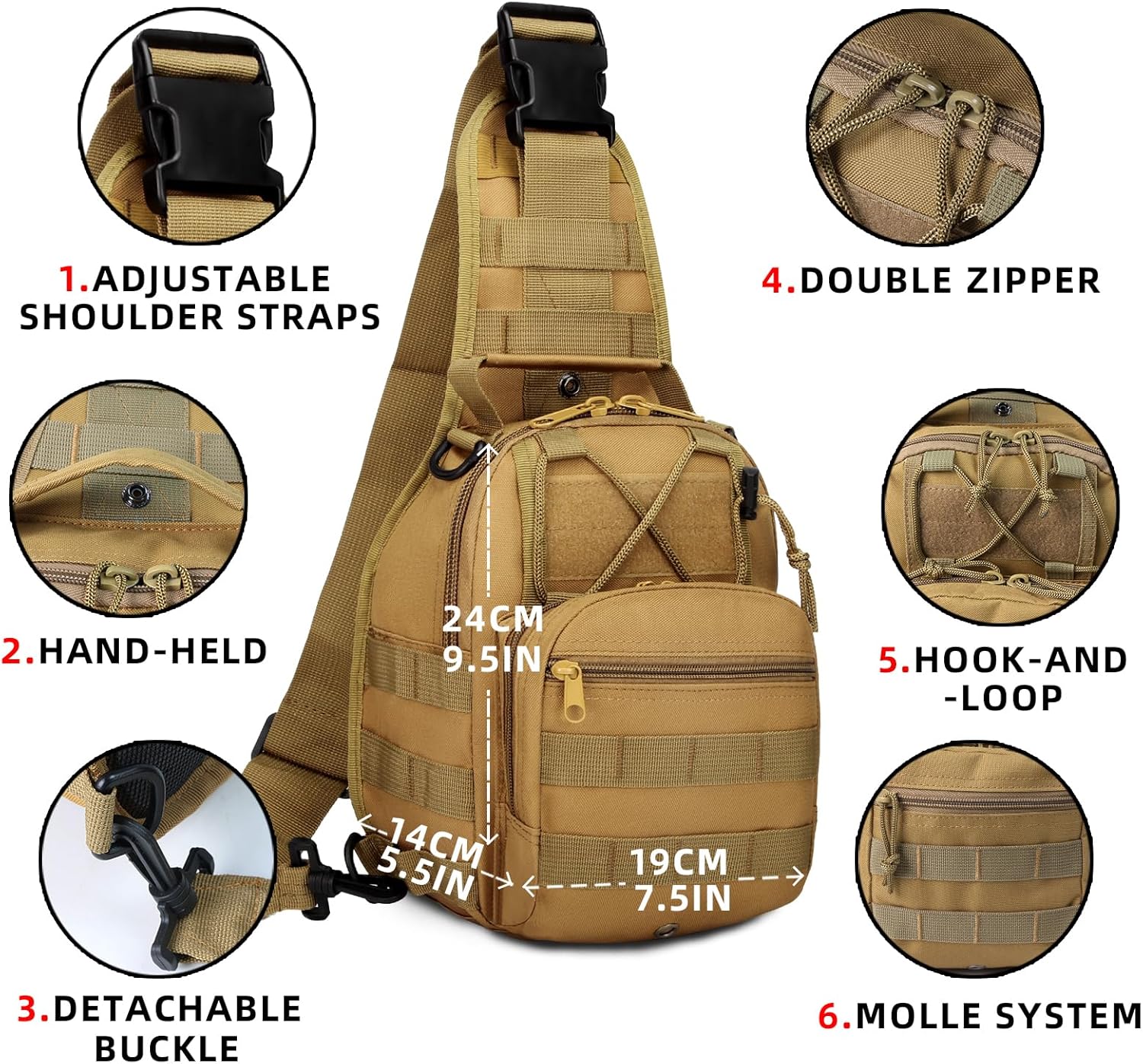 J.SH Tactical Sling Bag, Military MOLLE System Crossbody Bag, Waterproof Durable High-Density Nylon Material, 4-in-1 Carry Design, for Hiking, Cycling, Travel, Commuting, Outdoor and EDC - Khaki