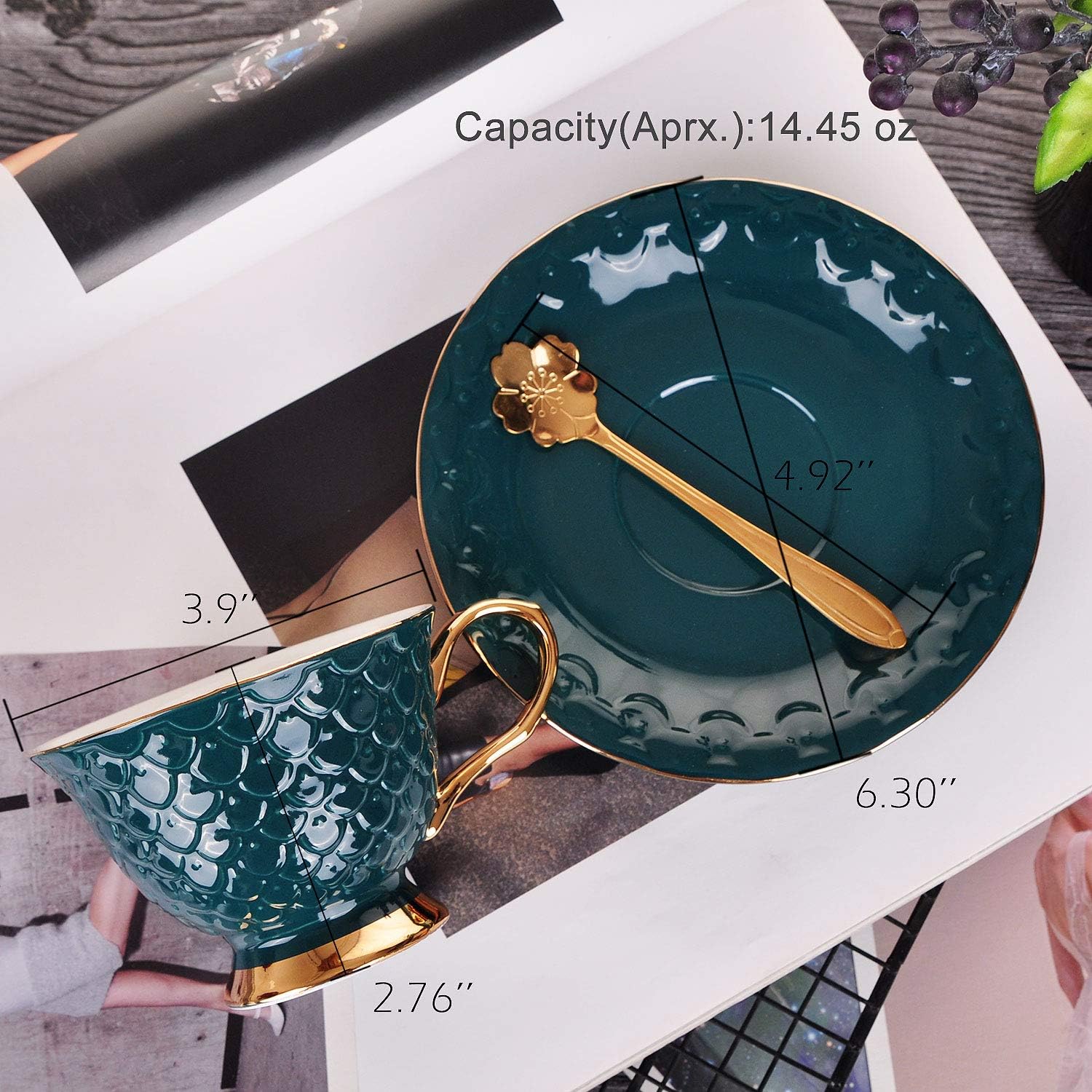 VanEnjoy Green Vintage 8 Ounces Porcelain Coffee Cup,Tea Cup and Saucer Set and Saucer with Decorative Scale Pattern, Vintage - Image 2