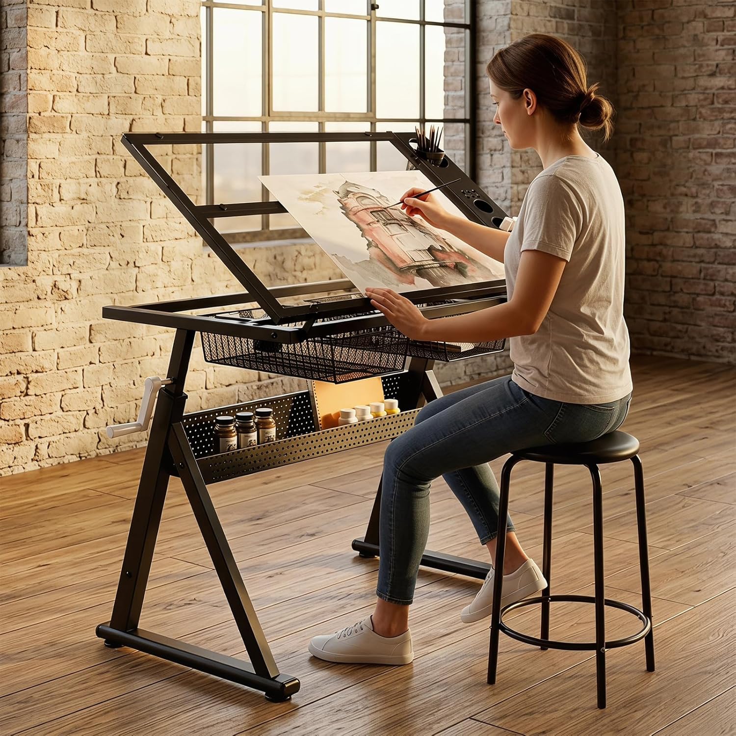 Drafting Table w/Art Stool, Hand Crank Height Adjustable Drawing Desk for Adults with Tilting Glass Top (0-70°), 2 Storage Drawers, Artist Table for Painting & Sketching(Black)