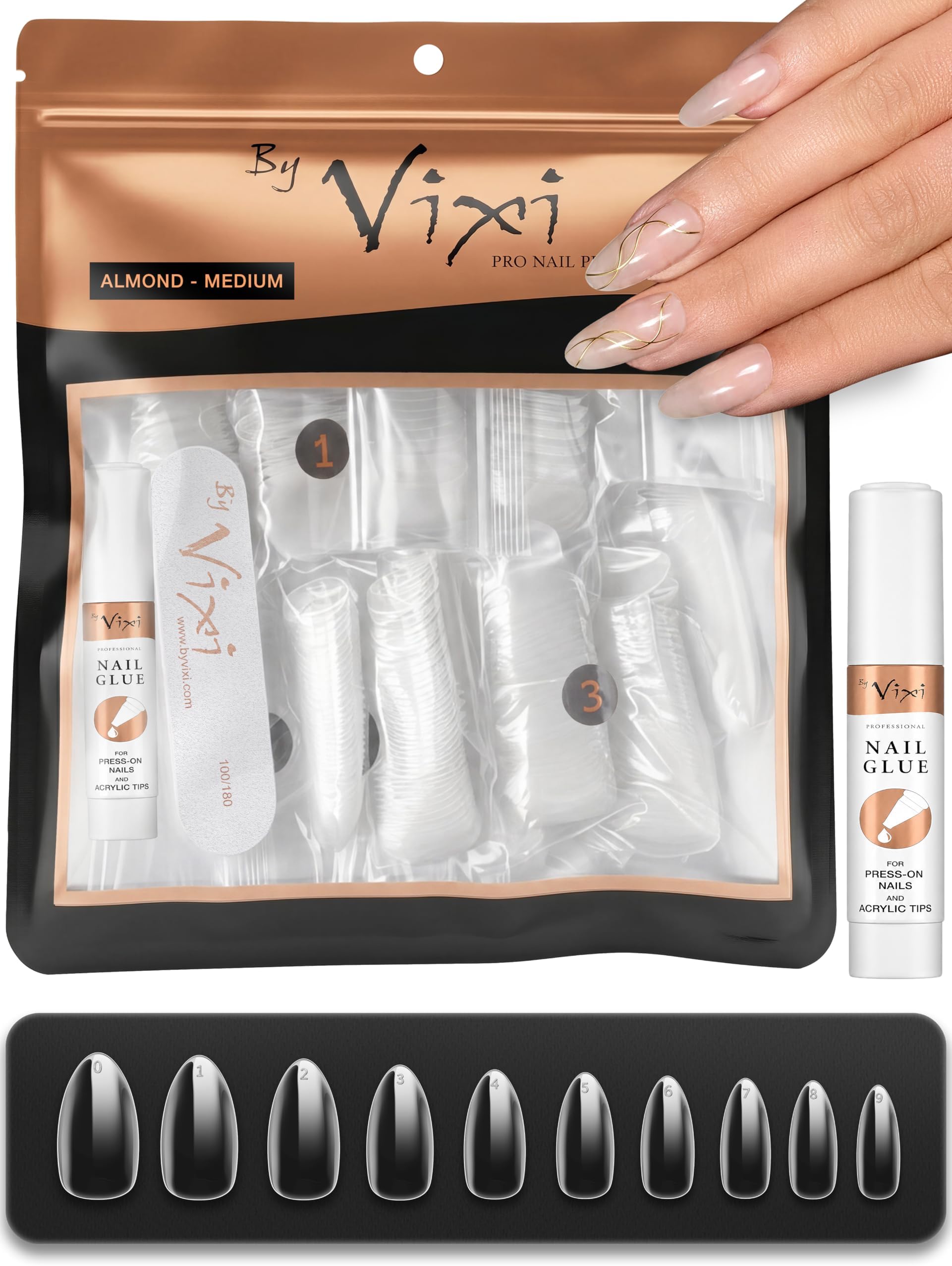 600 Medium Almond Press On Nails Set with 2g By Vixi Extra Strong Nail Glue & File โ Clear Full Cover False Nails, Stick On Fake Nail Tips 10 Sizes, Acrylic Nail Extensions for Gel Polish & Nail Art